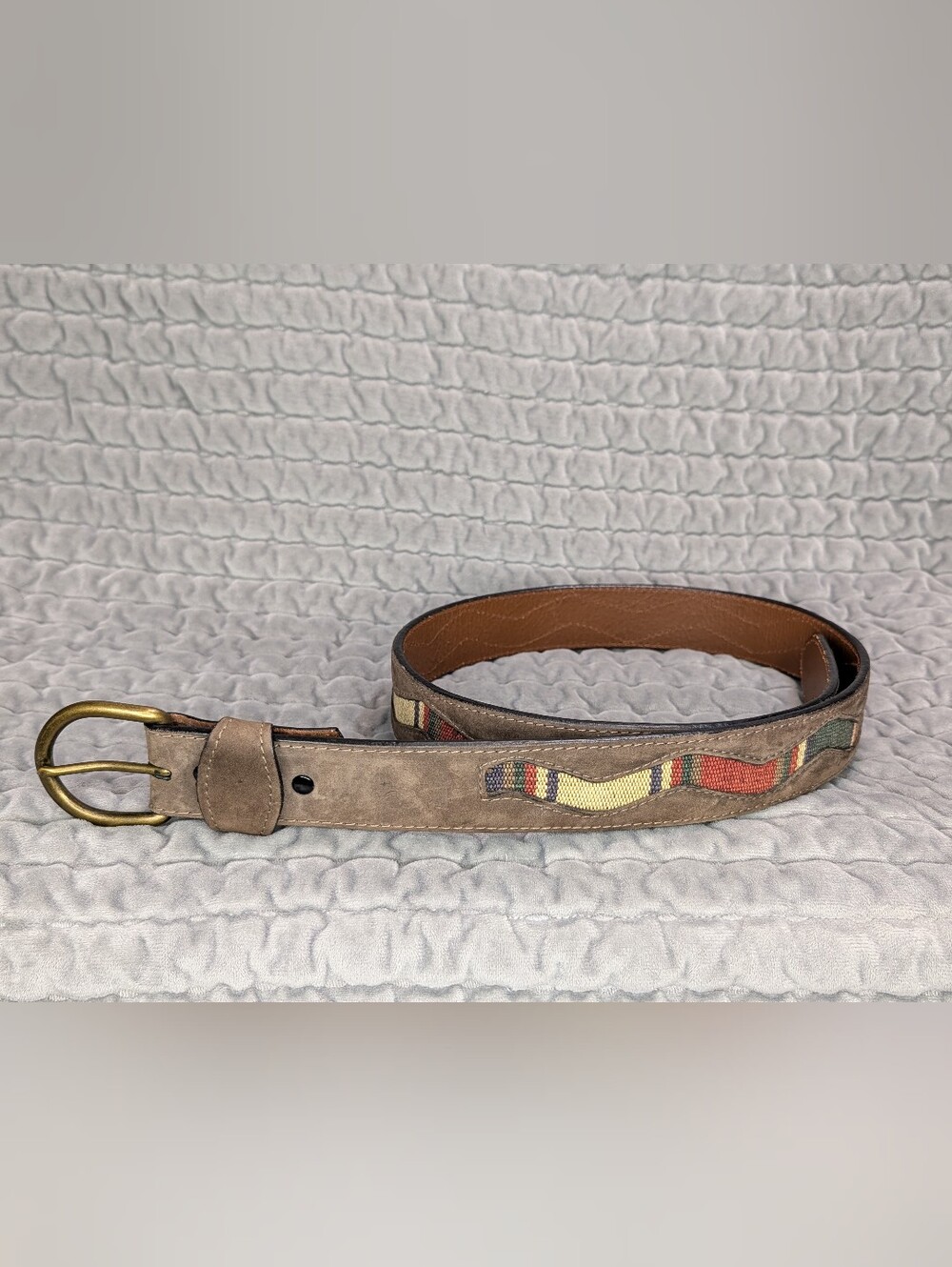 Western Brown Leather Belt 36 Multi Color Aztec Snake Weave Inset Brass Buckle